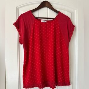 Umgee Red Textured Short Sleeve Blouse Women's S Ruffle Trim Boho Top Polka Dot‎